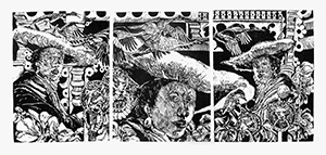 Image of Vermeer's Vision triptych woodcut by Jerry B. Walters.